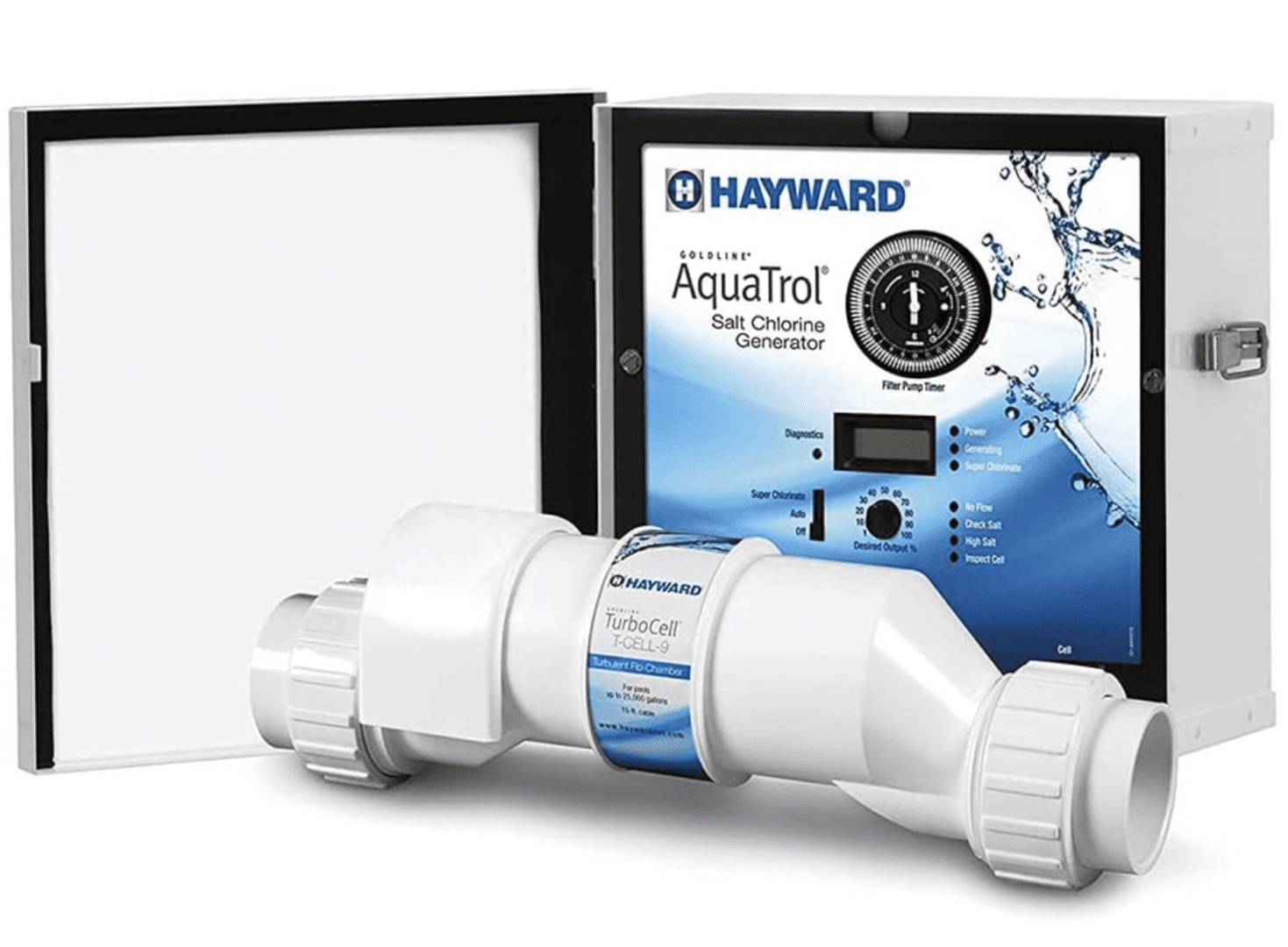 A box with a Hayward W3AQ-TROL-RJ AquaTrol Salt Chlorination System for Above-Ground Pools up to 18,000 Gallons with Return Jet Fittings, Straight Blade Line Cord and Outlet and a box with a Hayward W3AQ-TROL-RJ AquaTrol Salt Chlorination System for Above-Ground Pools up to 18,000 Gallons with Return Jet Fittings, Straight Blade Line Cord and Outlet.